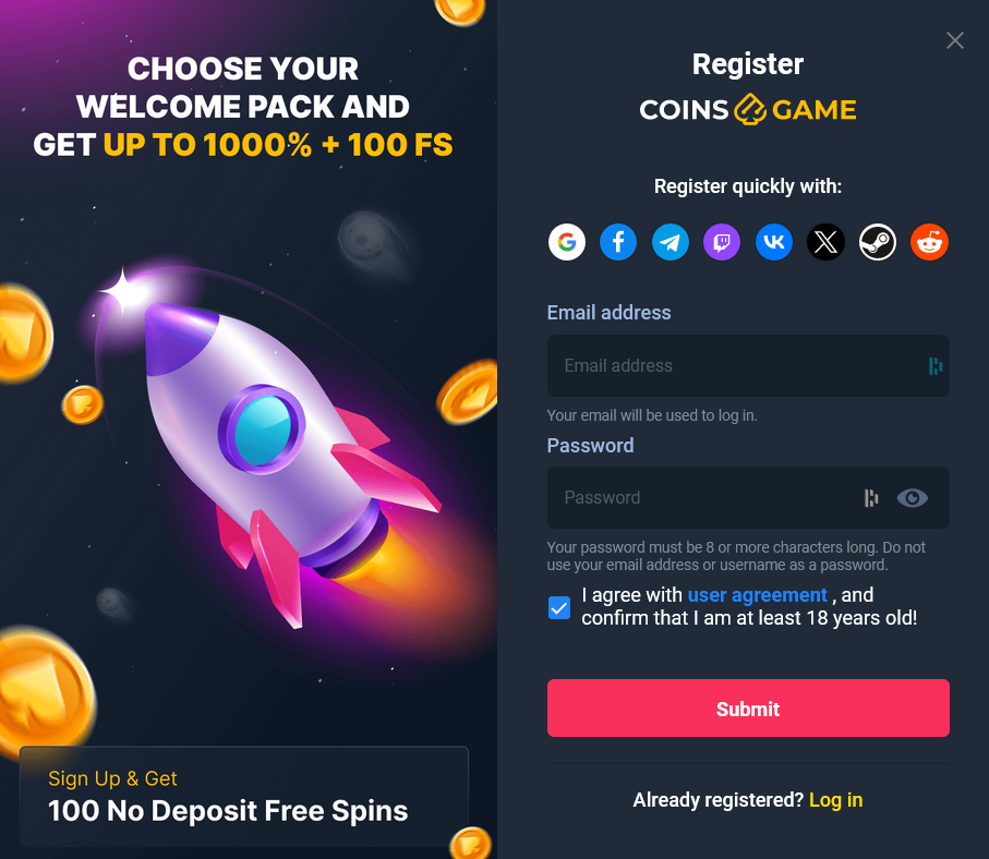 Coins Game Casino Registration